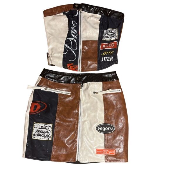 Faux Leather Brown and Black Patchwork Skirt Set - Picture 12 of 12